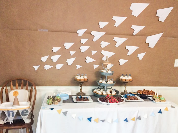 decoration of desserts table how to draw a paper airplane paper airplanes glued to the wall above the table