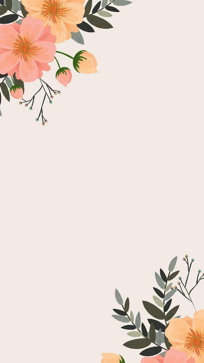 digital drawing of flowers in orange and pink in two corners of the screen minimalist aesthetic wallpaper white background
