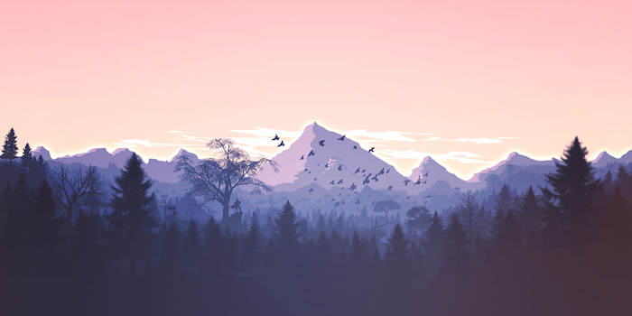 digital drawing of mountain range with sunset sky mminimalist desktop wallpaper forest at the forefront birds flying in the sky