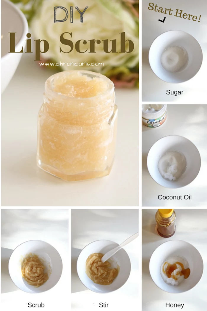 diy lip scrub with sugar honey coconut oil how to make lip scrub photo collage of step by step tutorial