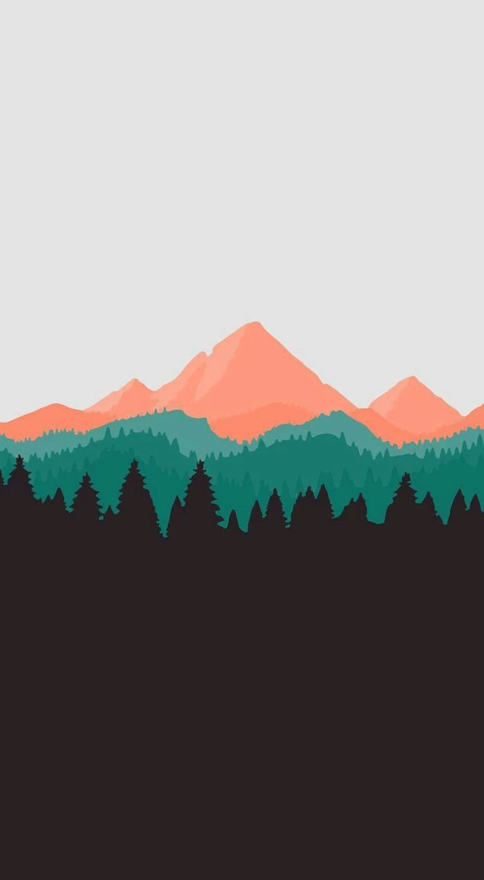 drawing of a mountain range and forest with gradient colors simple phone backgrounds white orange green black
