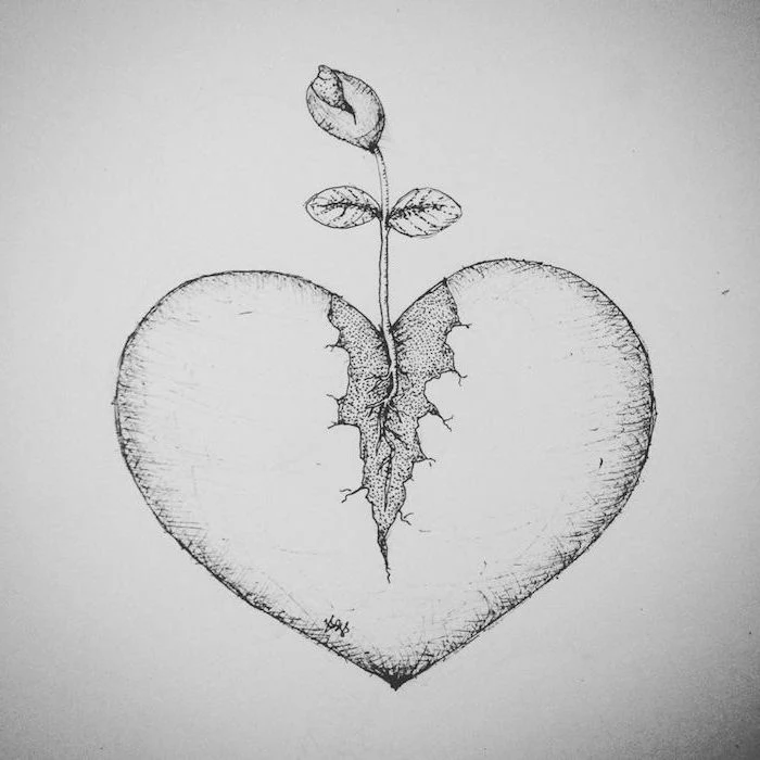 drawing of heart with rose growing out of it small heart tattoos black outlined drawing with shadows on white background