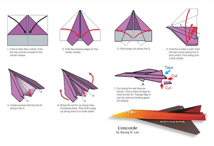 drawing of step by step diy tutorial drawn in different colors how to make a paper airplane in seven steps