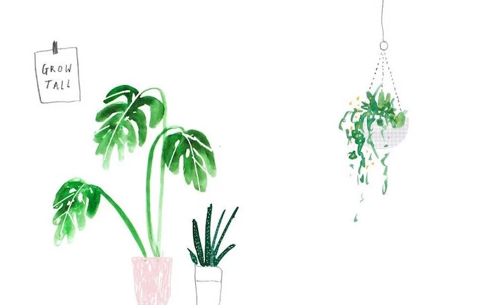 drawing of three potted plants in green watercolor on white background mminimalist desktop wallpaper grow tall written on the side