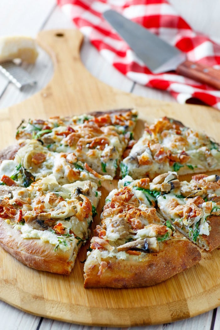 easy pizza dough recipe bacon and chicken pizza with lots of cheese basil leaves cut into slices