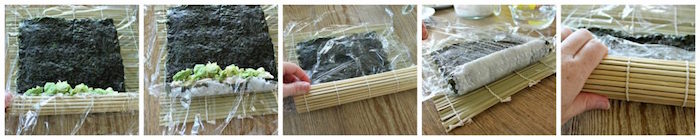 five side by side photos how to roll sushi with rice homemade sushi with bamboo mat covered with foil