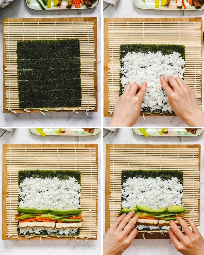 four step diy tutorial for rolling vegan sushi rolls how to cook sushi rice with avocado cucumber tofu rice