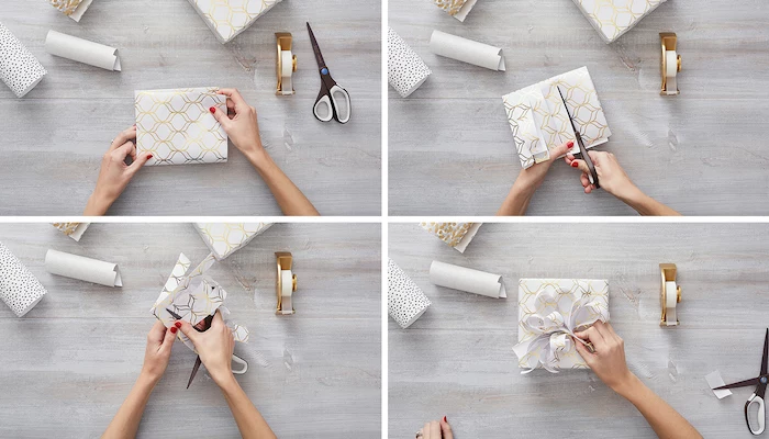 gift wrapping ideas four step tutorial on how to make a messy ribbon from white and gold wrapping paper