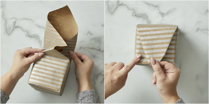 gray and gold wrapping paper wrapped around small box diagonal gift wrapping using japanese technique
