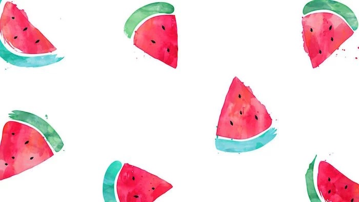 green and red watercolor drawing of slices of watermelon minimalist wallpaper white background