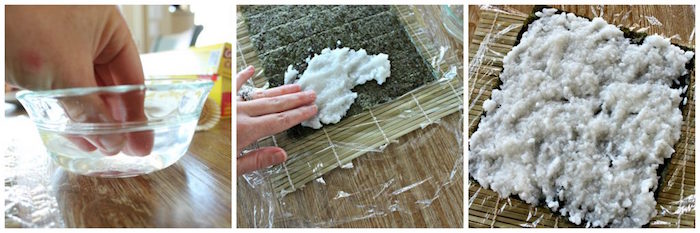 homemade sushi three side by side photos spreading rice on nori sheet placed on foil covered bamboo mat