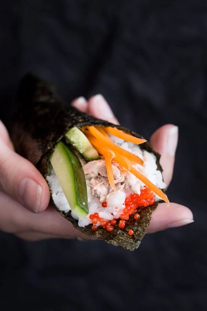how to cook sushi rice temaki sushi with rice meat carrots cucumber avocado wrapped in nori