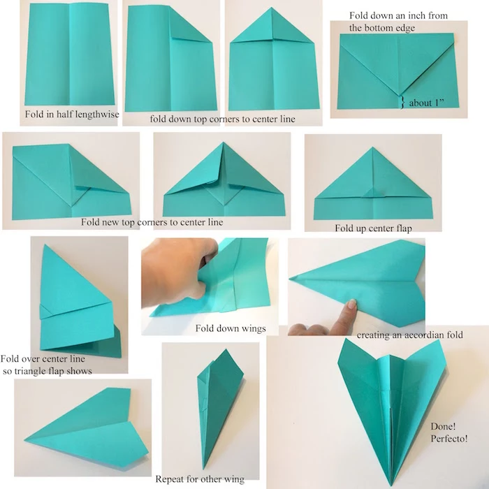 how to draw a paper airplane thirteen step diy tutorial step by step with turquoise paper with explanation