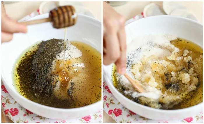 how to exfoliate lips side by side photos of white ceramic bowl filled with ingredients honey sugar green tea