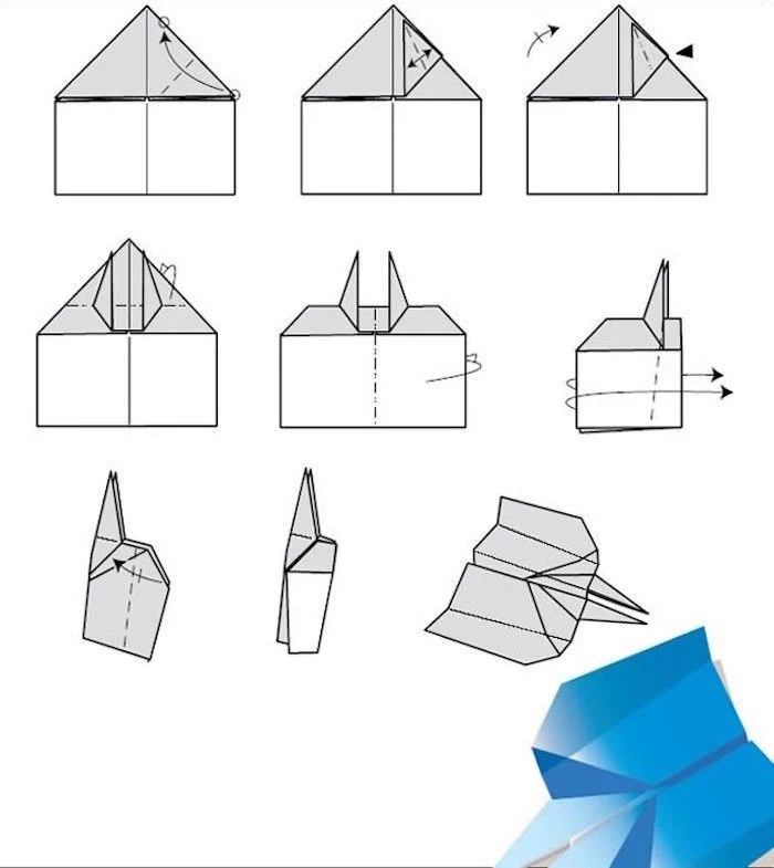 how to fold a paper airplane nine step diy tutorial step by step drawing of grey and black steps on white background