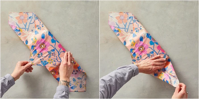 how to gift wrap a box two side by side photos of steps on wrapping a gift with fabric with floral print