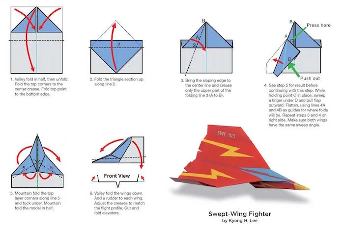 how to make a paper airplane step by step diy tutorial for swept wing fighter drawing on white background