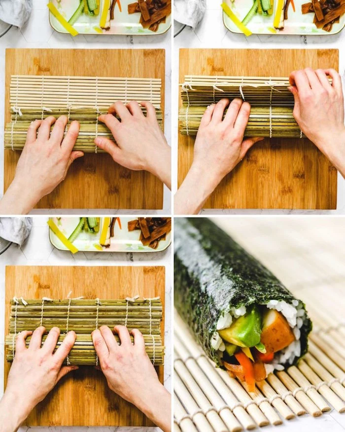 how to make sushi at home bamboo mat with rice avocado cucumber tofu vegan sushi rolls