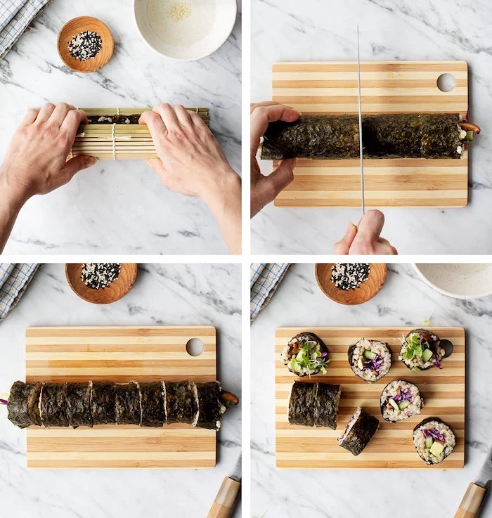 how to roll sushi side by side four step tutorial placed on wooden cutting board placed on marble surface