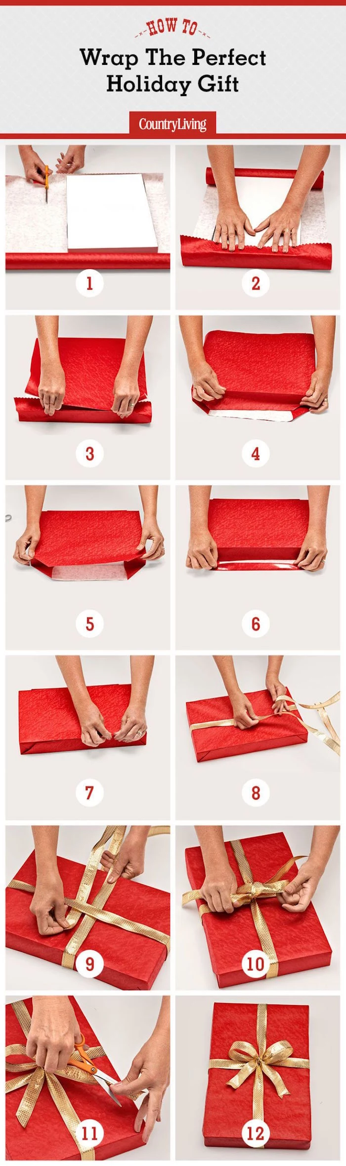 how to wrap a present in twelve steps photo collage of step by step tutorial with red wrapping paper and gold bow