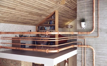 industrial pipes railing over small second floor with study desk bookshelf brick wall wooden ceiling