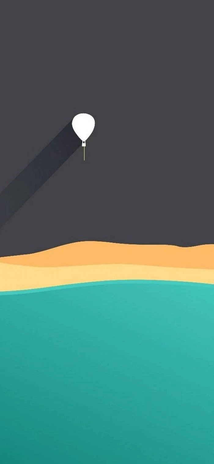 minimalist aesthetic wallpaper digital drawing of sea beach and dark sky with hot air balloon