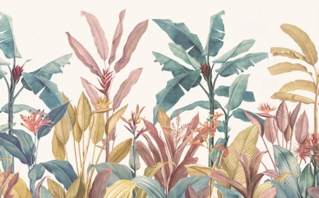 mminimalist desktop wallpaper drawing of dusty pink green yellow tropical leaves on white background