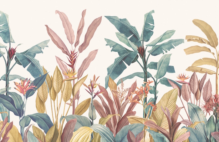mminimalist desktop wallpaper drawing of dusty pink green yellow tropical leaves on white background