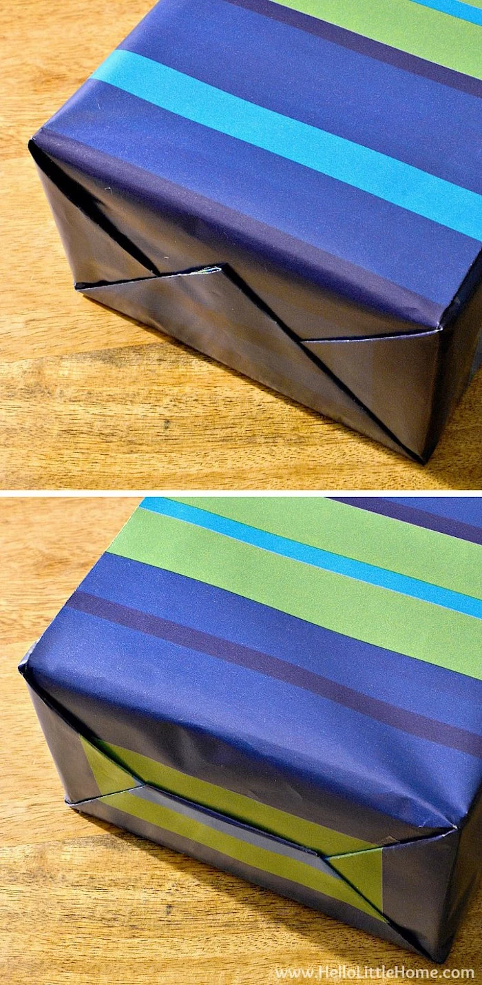 photo collage christmas gift wrapping ideas made with wrapping paper in blue and green placed on wooden surface