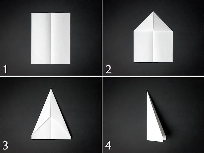 photo collage of step by step diy tutorial how to make a paper airplane that flies far white piece of paper being folded into a plane