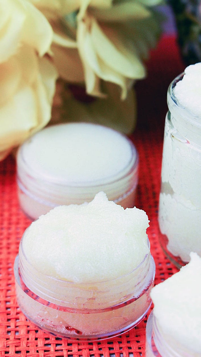 plastic containers filled with pina colada lip scrub how to exfoliate lips with pineapple and coconut
