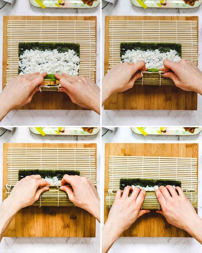 rolling vegan sushi rolls with tofu white rice cucumbers avocado how to cook sushi rice on bamboo mat