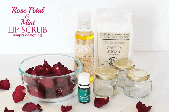 rose petals sugar peppermint essential oil jojoba how to make a sugar lip scrub ingredients placed on white surface