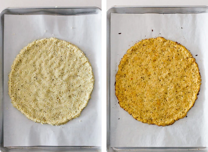 side by side photos how to make cauliflower pizza crust easy pizza dough recipe baked on paper lined baking sheet