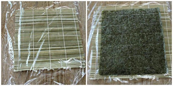 side by side photos of bamboo mat covered with foil dragon roll sushi nori sheet on top