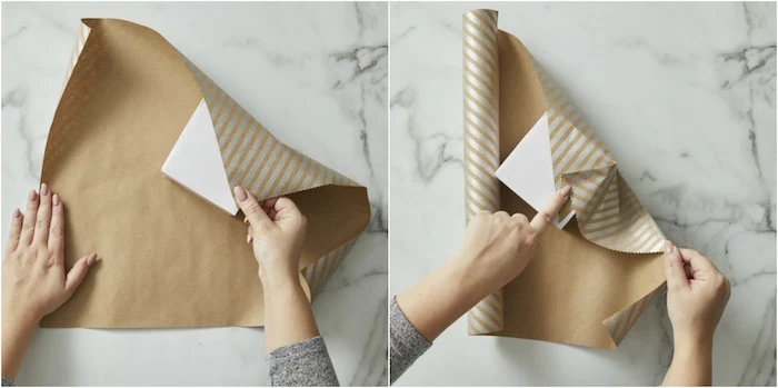 side by side photos of diy tutorial on wrapping a small box with japanese technique gift wrap ribbon gray and gold wrapping paper