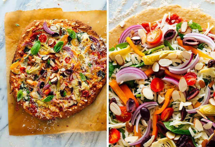 side by side photos of how to make pizza from scratch with onion olives peppers tomatoes pine nuts
