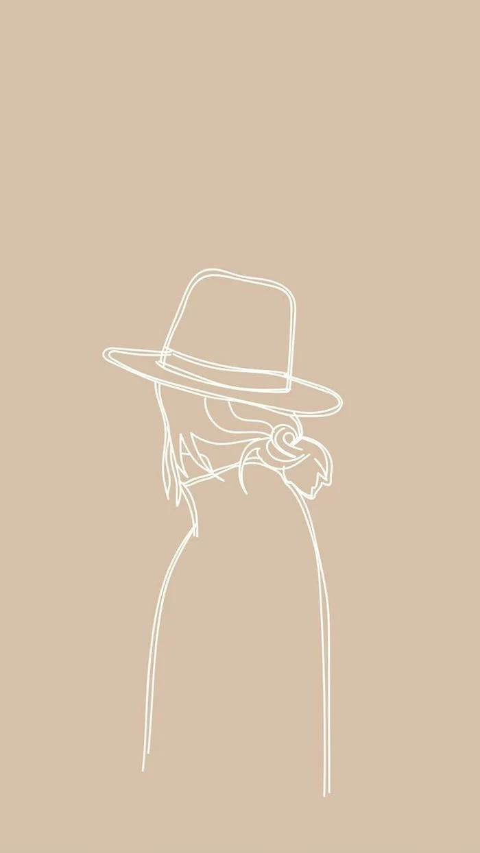 simple desktop backgrounds white outline drawing of woman wearing a hat on beige background