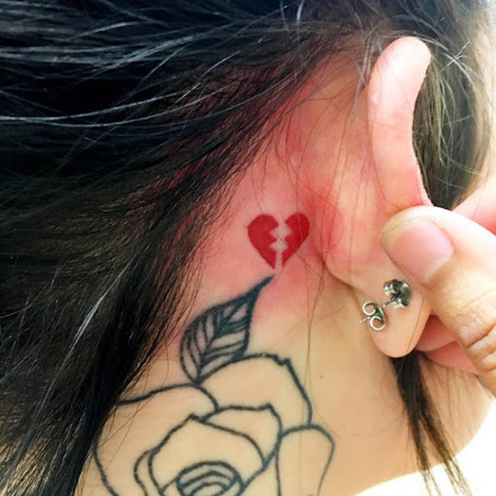 small red heart broken in the middle heart tattoos for men behind the ear tattoo