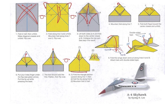step by step diy tutorial how to fold a paper airplane in eleven steps drawing on white background with yellow and gray