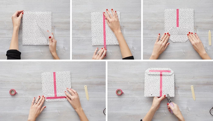 step by step diy tutorial how to wrap a christmas present made from white wrapping paper with black dots pink duct tape