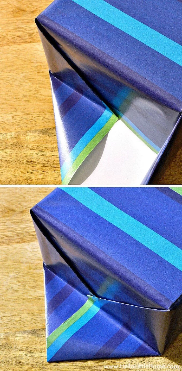 step by step tutorial on how to wrap a box gift wrapping ideas made with wrapping paper in different shades of blue