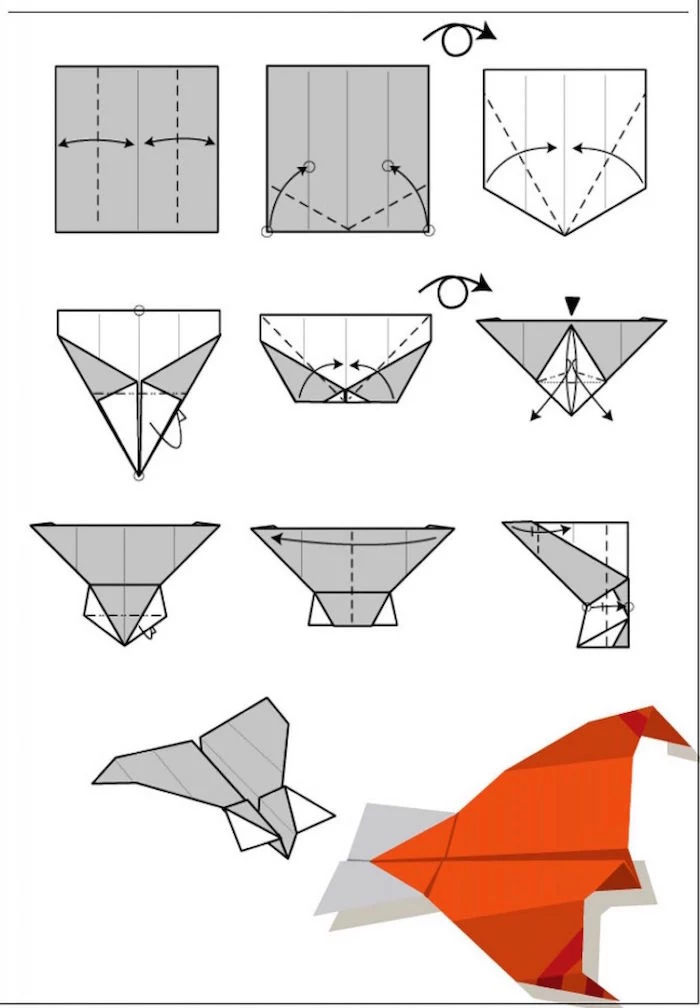 ten step tutorial step by step diy how to make a paper airplane drawn in red grey and white on white background