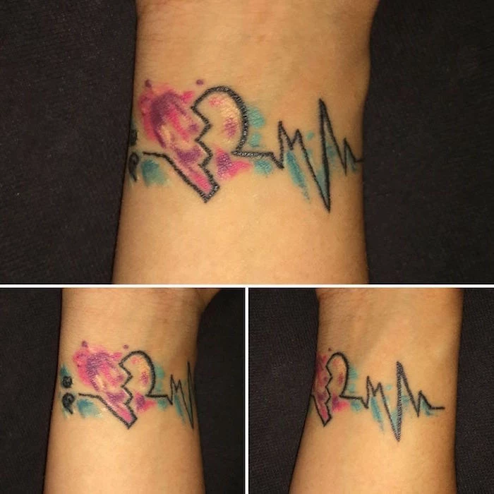 three photos from each angle of watercolor tattoo small heart tattoos heartbeat line with broken heart