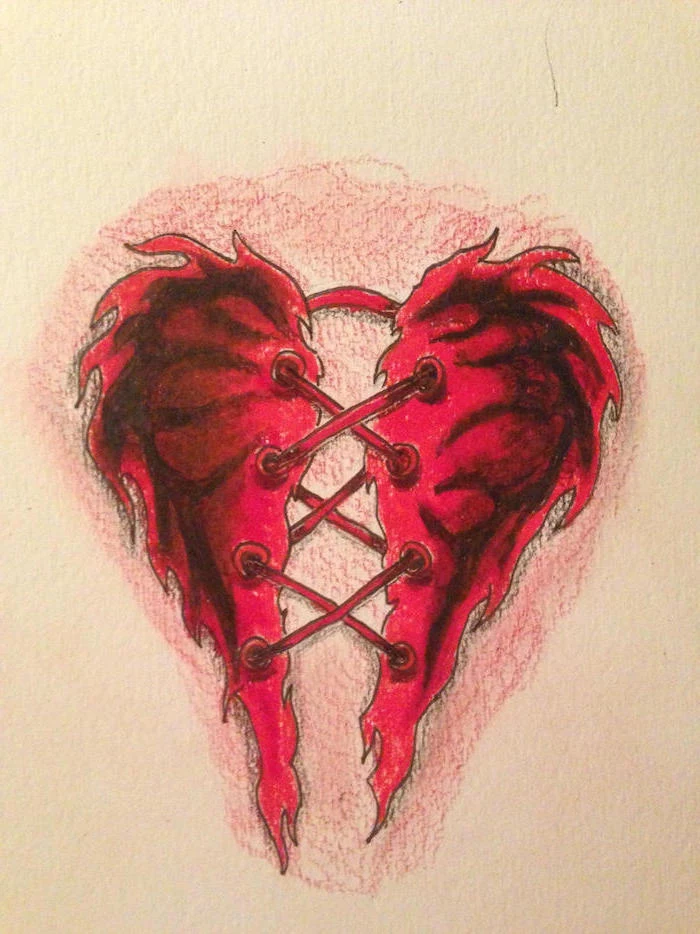 two piece of a heart in the shape of devils wings held together with stitches heart tattoos with names drawing