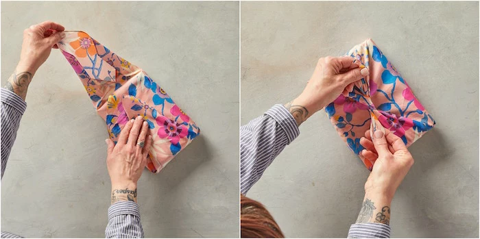 two side by side photos of a box being wrapped with fabric how to gift wrap a box bow tied on top