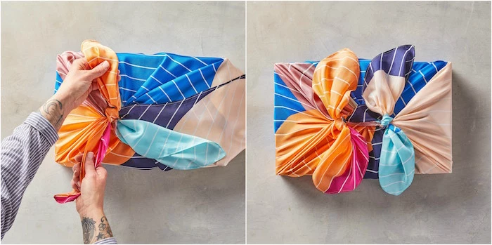 two side by side photos of box being wrapped in silk fabric gift wrap ribbon in blue orange purple pink