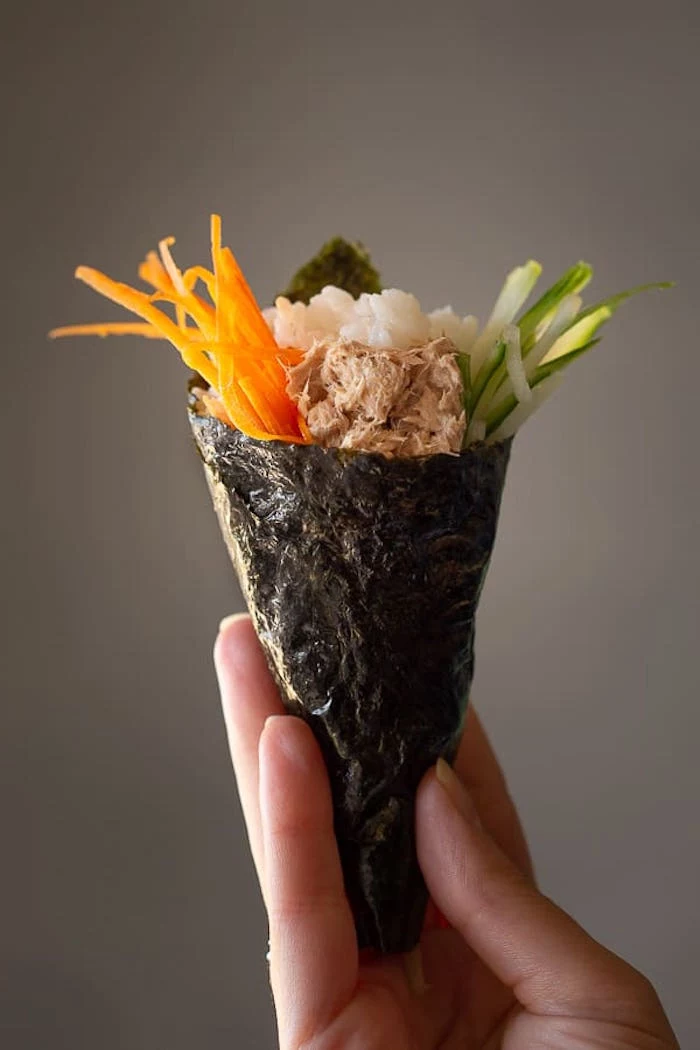 white rice cucumber avocado carrots meat how to cook sushi rice wrapped in nori as burrito