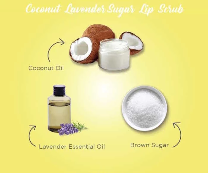 yellow background diy lip scrub recipe with coconut oil brown sugar lavender essential oil