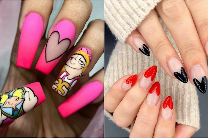 black and red hearts shaped french manicure on almond nails pink matte nail polish valentine's day acrylic nails side by side photos